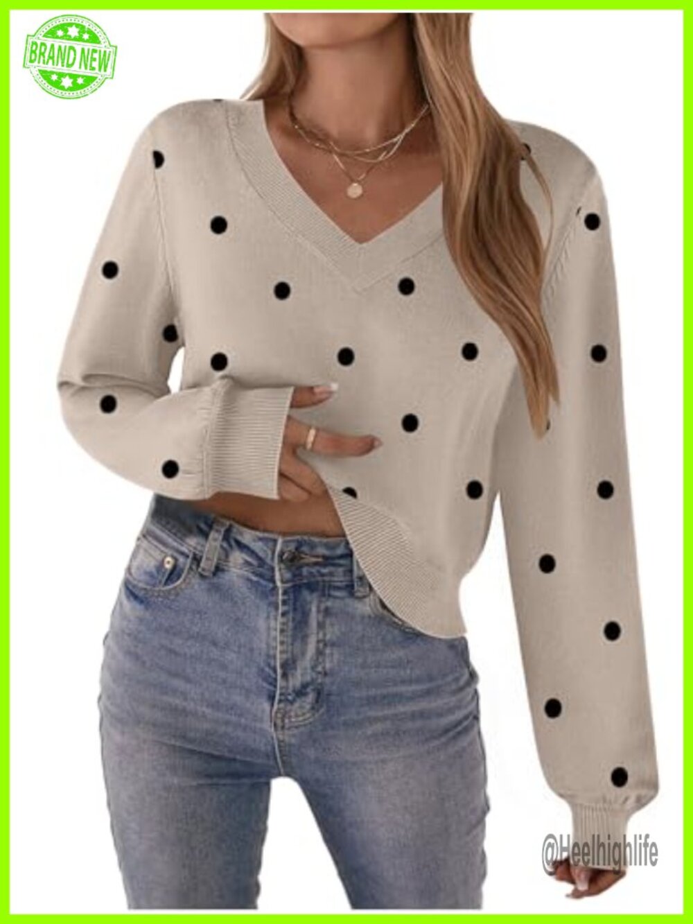 Cropped V-Neck Ribbed Knit Pullover Sweater Long Lantern Sleeve